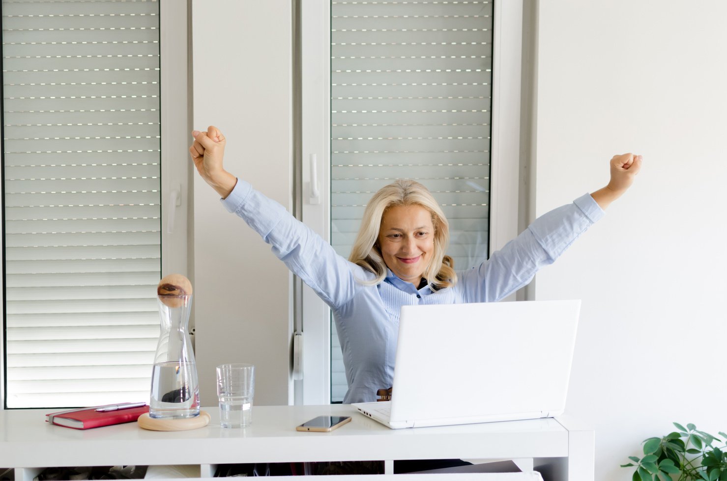 Happy bussiness woman working on laptop at home